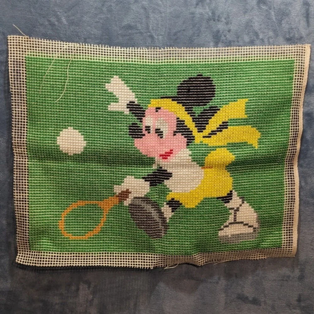 Vintage Walt Disney Mickey Mouse Tennis Latch Hook Rug Wall Hanging Complete